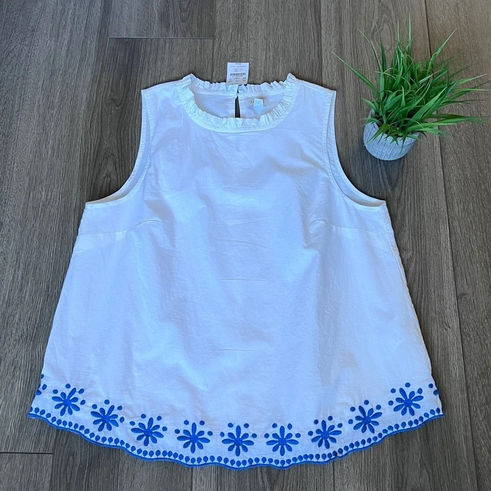 J. Crew Factory CottonHigh Neck Swing Top With Embroidery In White Size Medium - Picture 1 of 13